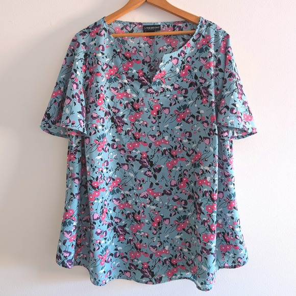 Lane Bryant Tops - Lane Bryant Women Teal Floral V-Neck Flutter Sleeve Blouse Top Size‎ 14 583018